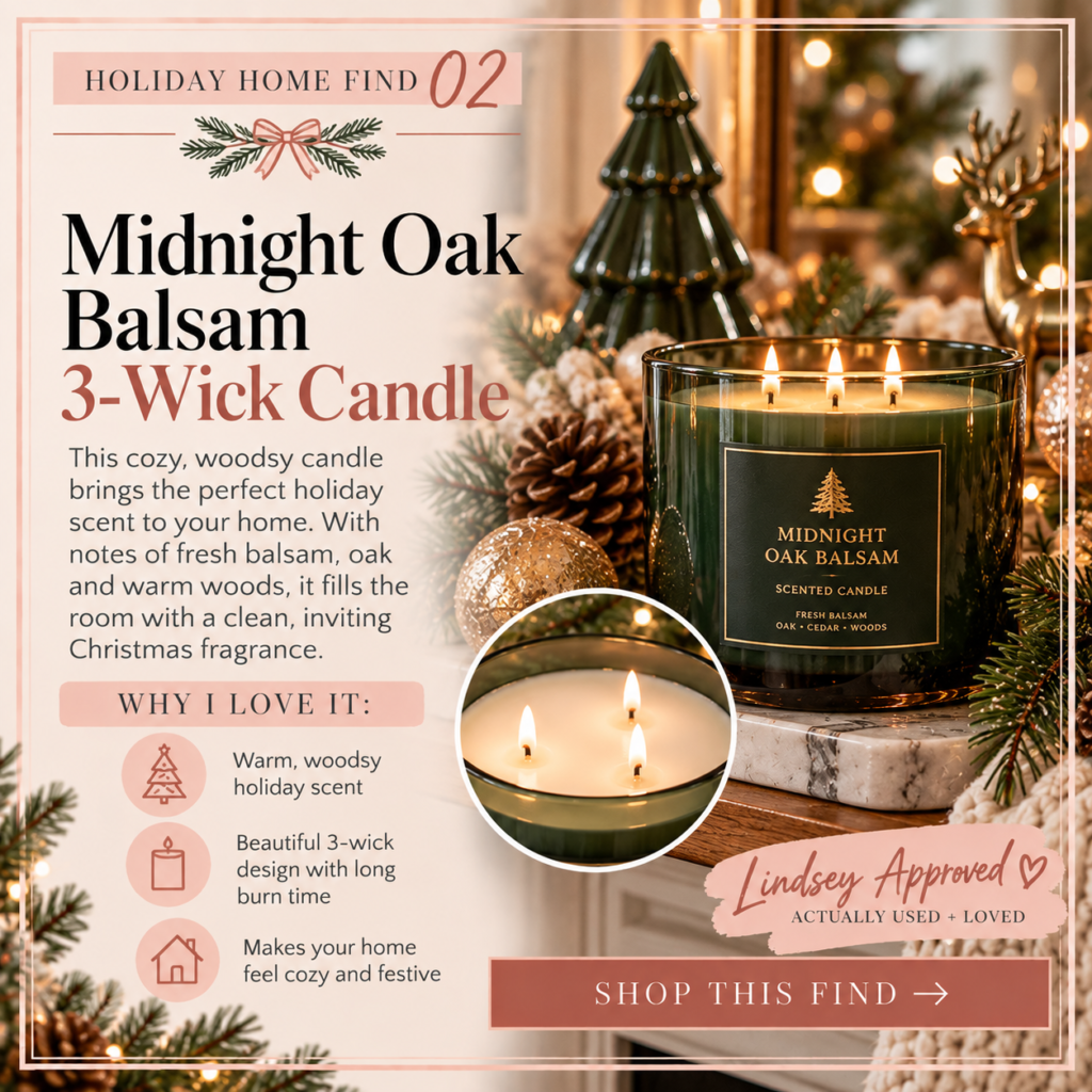Midnight Oak Balsam 3-wick candle styled with cozy Christmas home decor