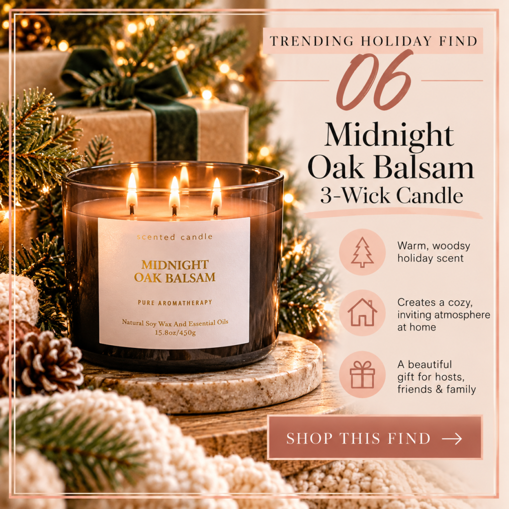Midnight Oak Balsam 3-wick candle cozy Christmas home find