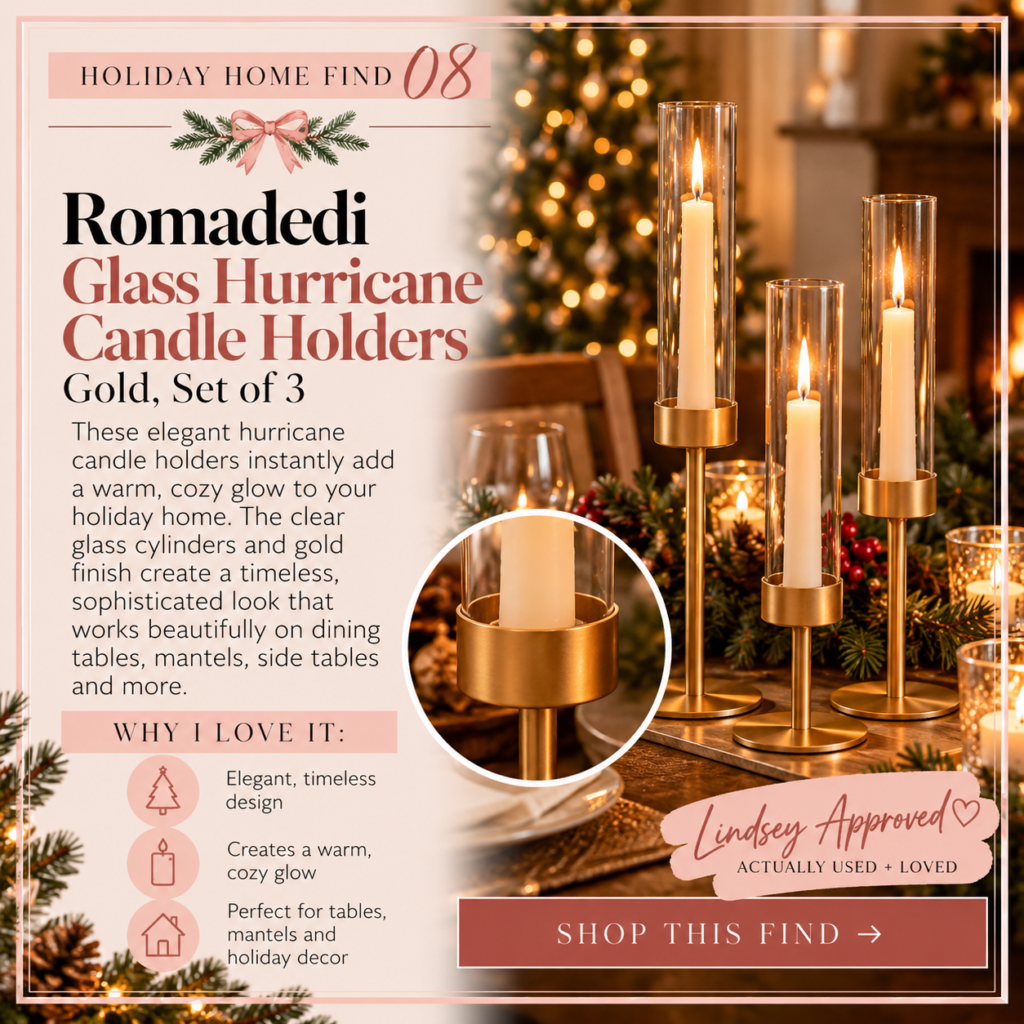 Romadedi gold glass hurricane candle holders set of three styled with Christmas decor