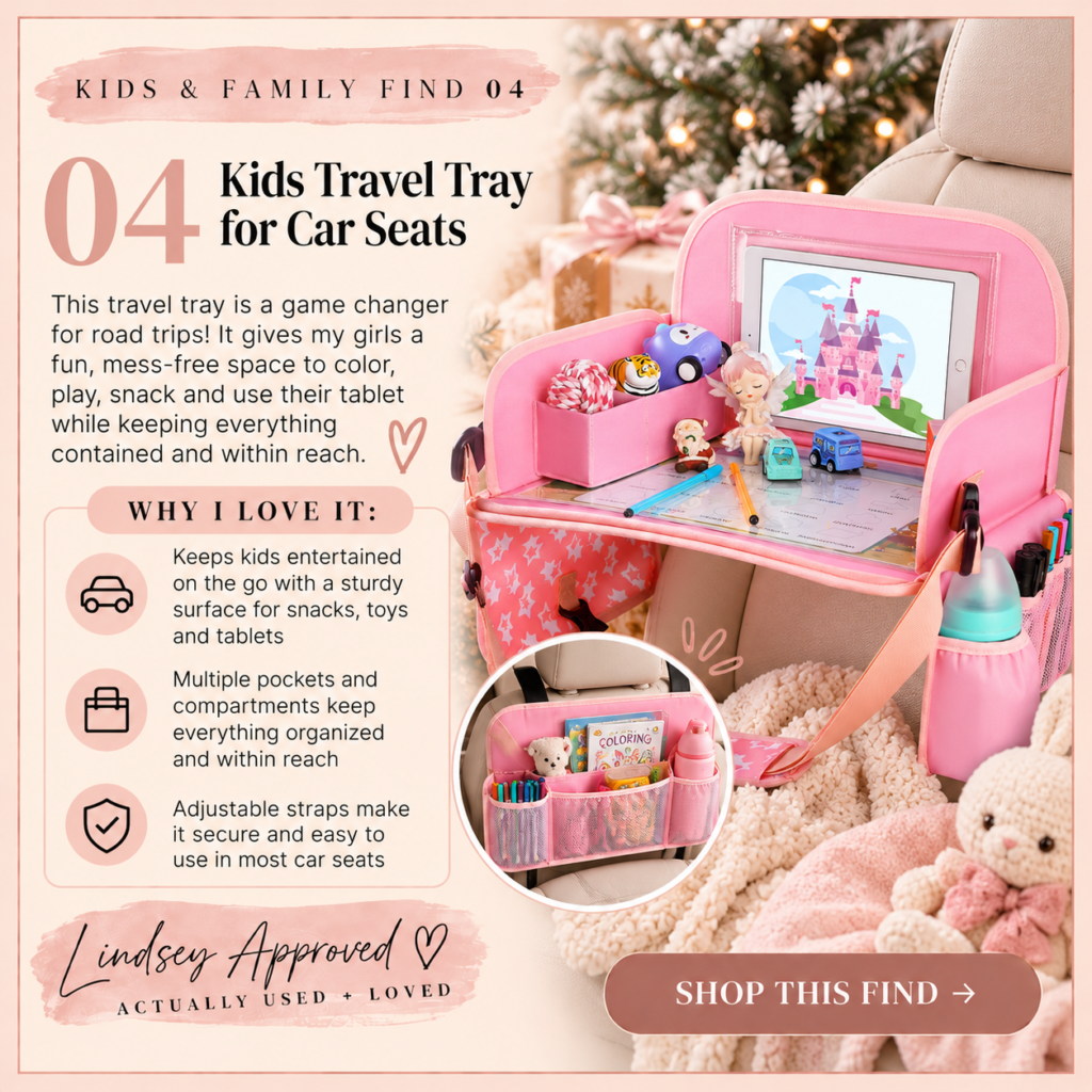 Pink kids travel tray for car seats with storage pockets and space for activities and a tablet