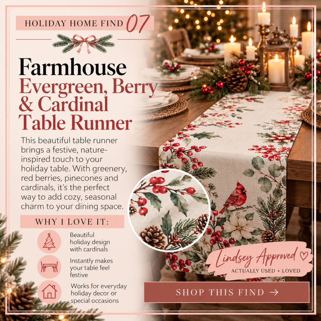 Christmas table runner with evergreen, red berries and cardinal design styled on a holiday table
