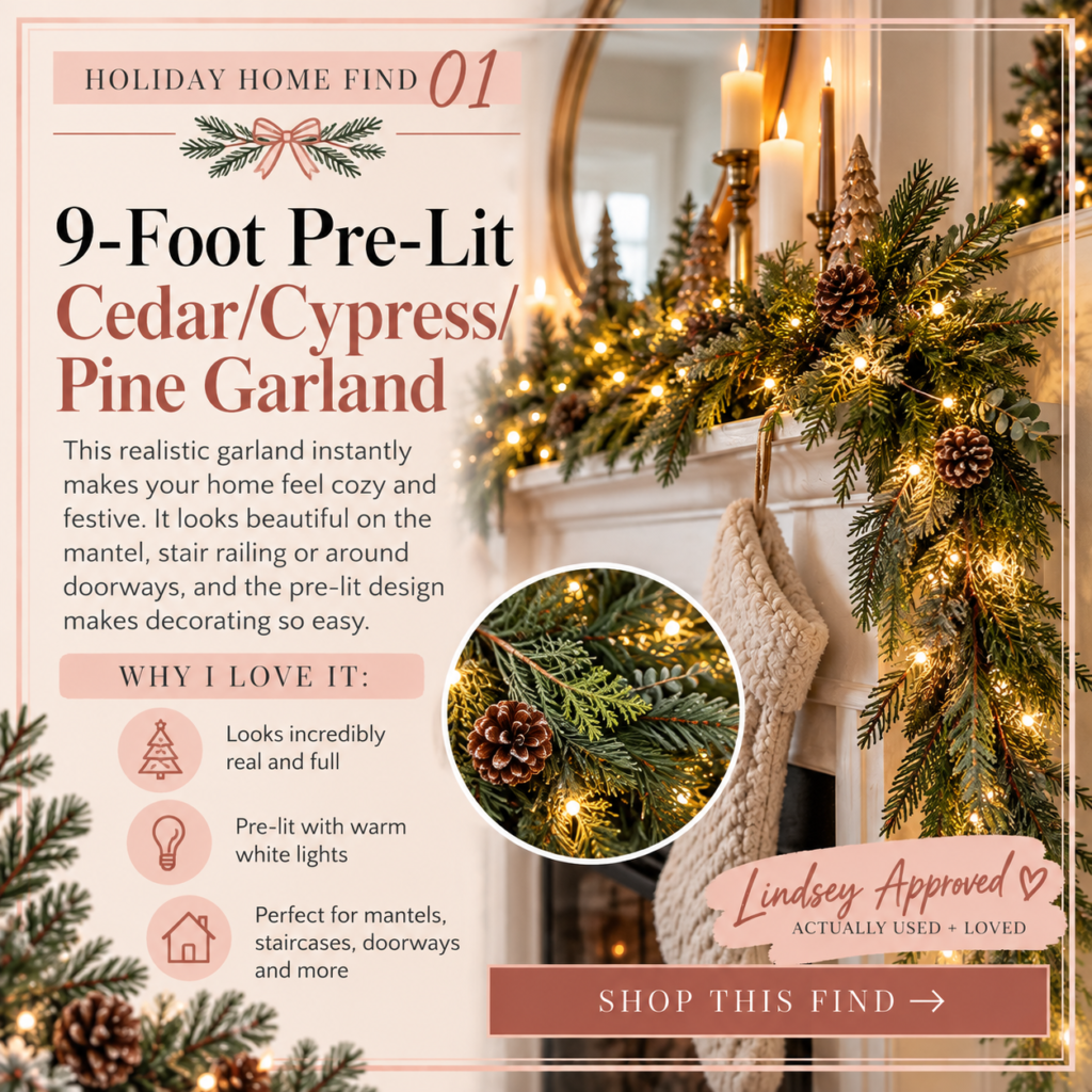 9-foot pre-lit cedar cypress and pine Christmas garland styled on a holiday mantel