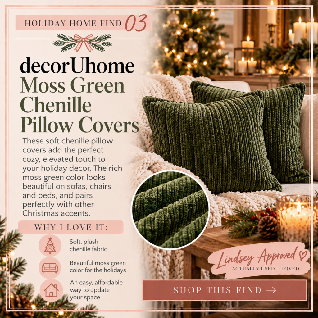decorUhome moss green chenille pillow covers styled with cozy Christmas decor