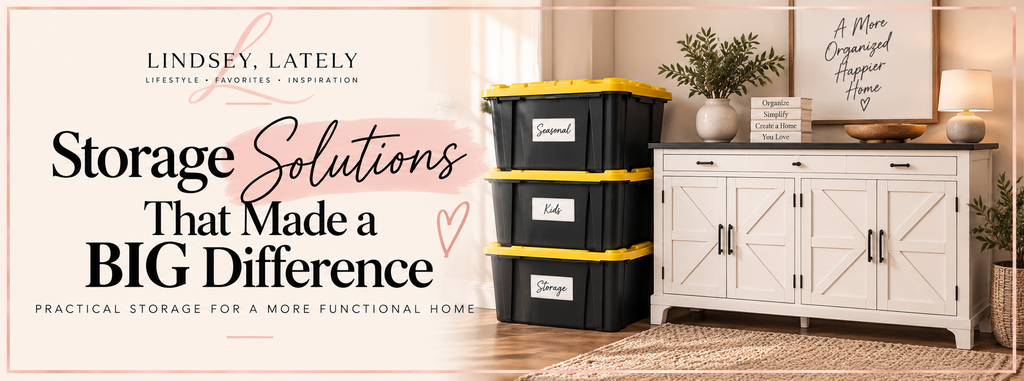 Home storage solutions featuring large storage totes and a farmhouse buffet cabinet for extra organization
