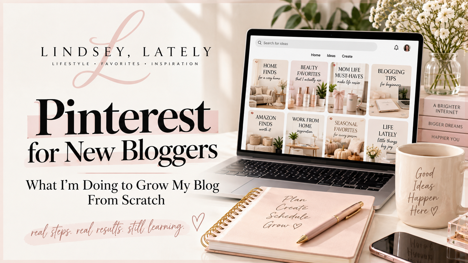 Pinterest for new bloggers guide showing a blogging workspace with Pinterest pin designs and content planning
