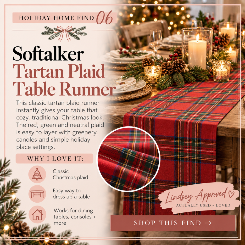 Softalker red tartan plaid table runner styled for a traditional Christmas table