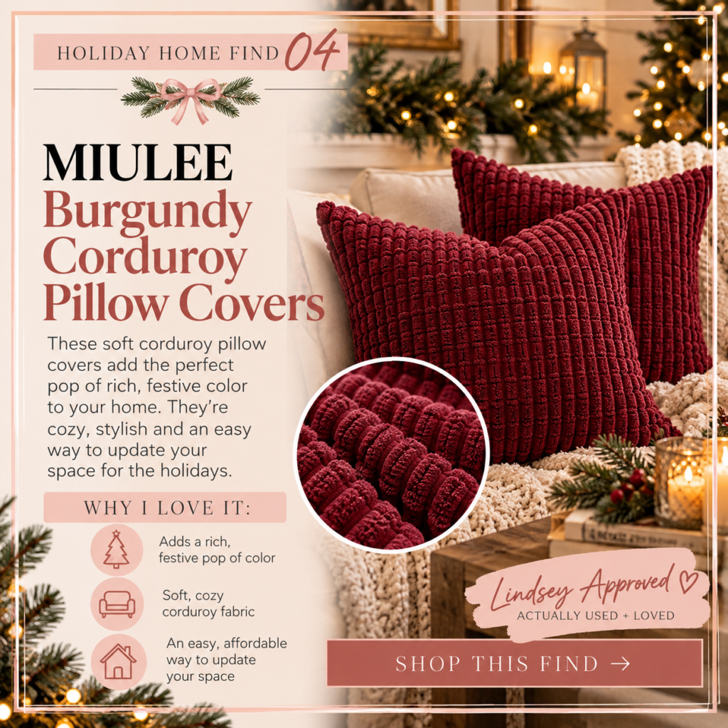 MIULEE burgundy corduroy pillow covers styled on a sofa for Christmas