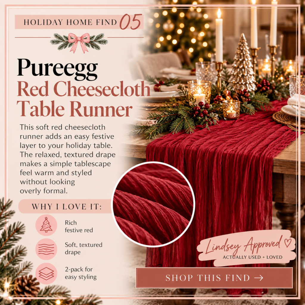 Pureegg red cheesecloth table runner styled on a festive Christmas dining table
