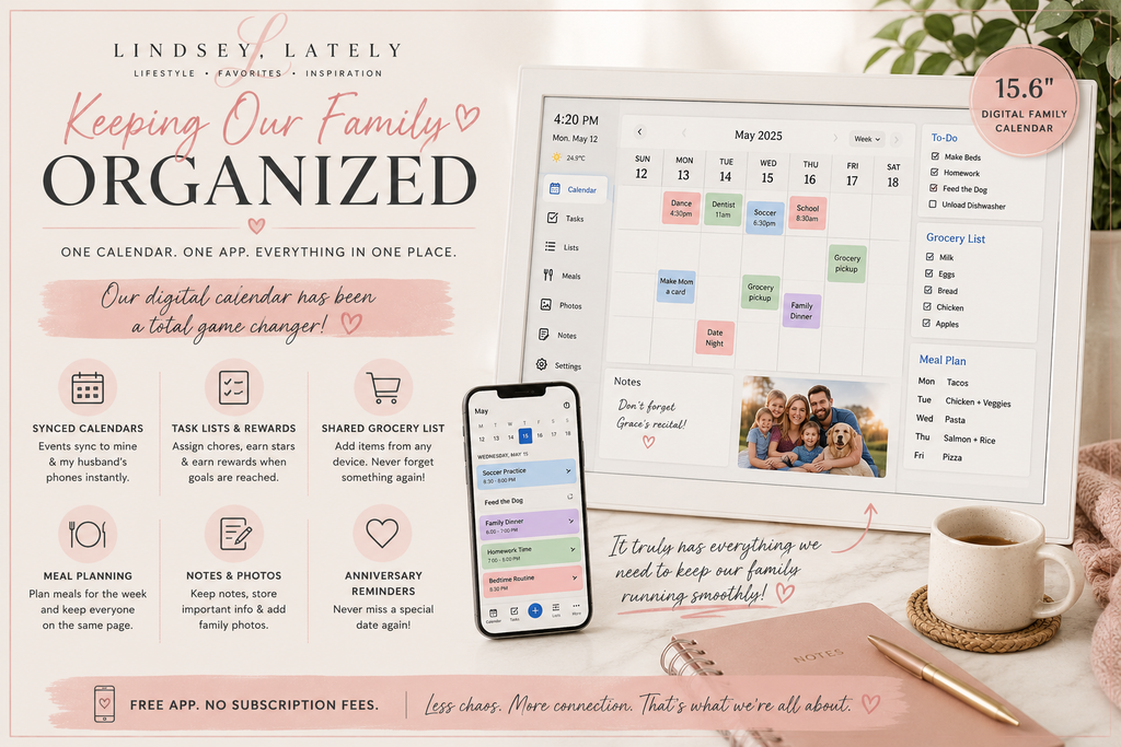 Digital family calendar for organizing schedules, tasks, grocery lists and meal planning