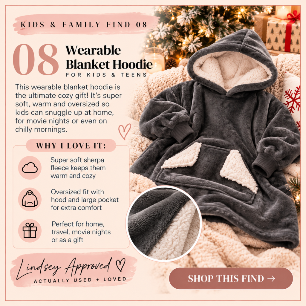 Grey wearable blanket hoodie for kids and teens with soft sherpa fleece lining and oversized pocket