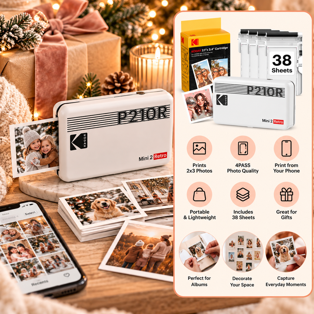 KODAK Mini 2 Retro portable photo printer with 38 sheets in a cozy Christmas gift setting