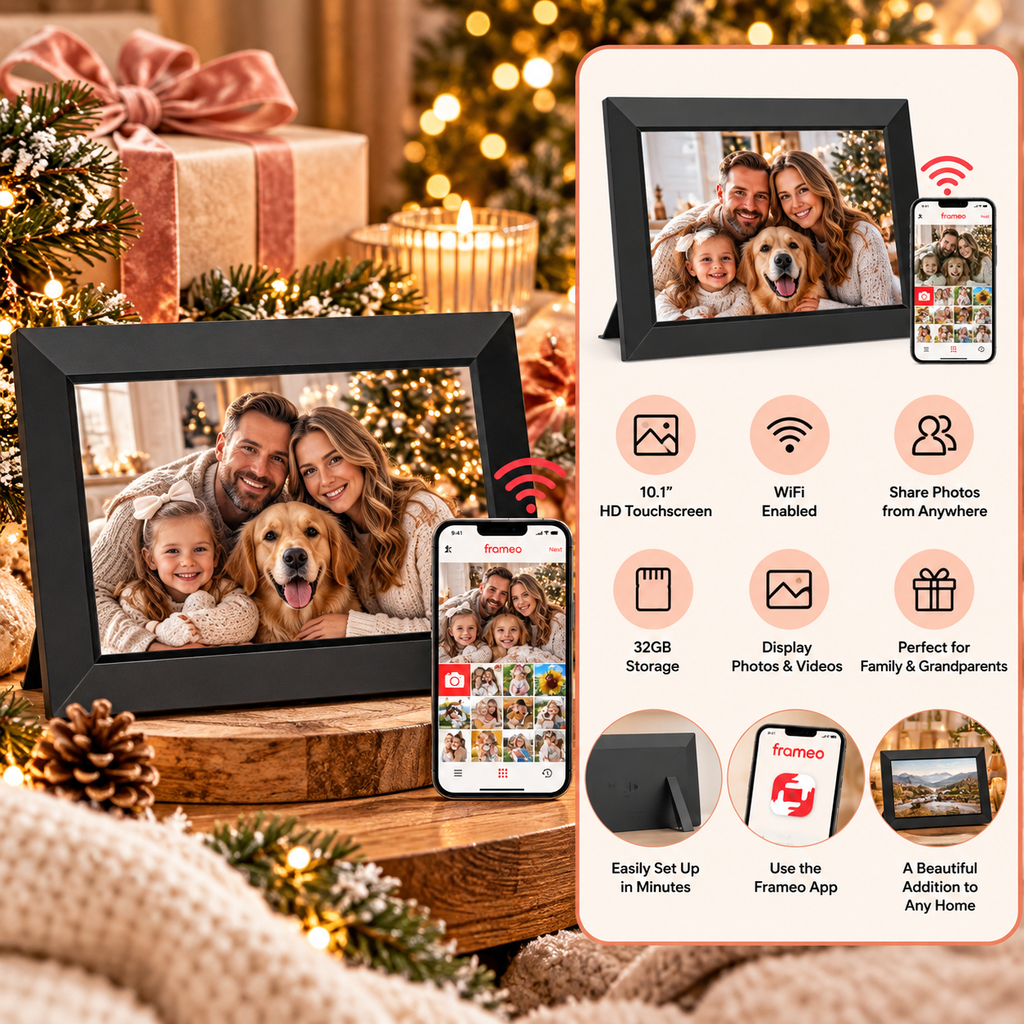 Frameo 10.1-inch WiFi digital picture frame with family photos and 32GB storage Christmas gift for women