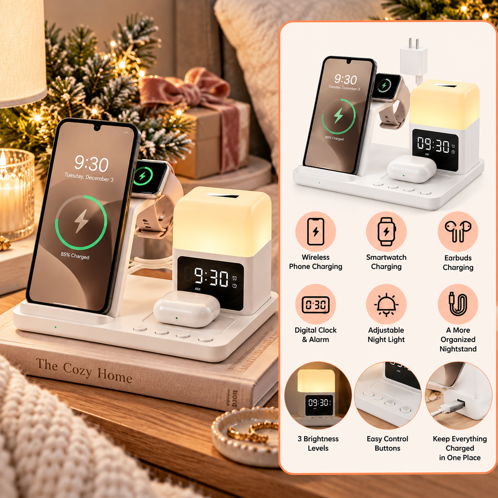 Wireless charging station for Samsung devices with digital clock, alarm and night light Christmas gift for women