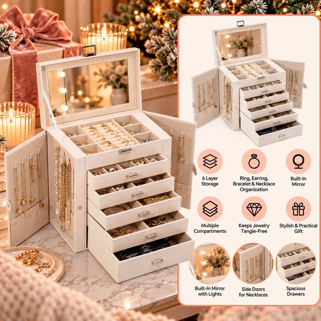 BOOVO 6-layer jewelry box with lighted mirror, drawers and necklace storage