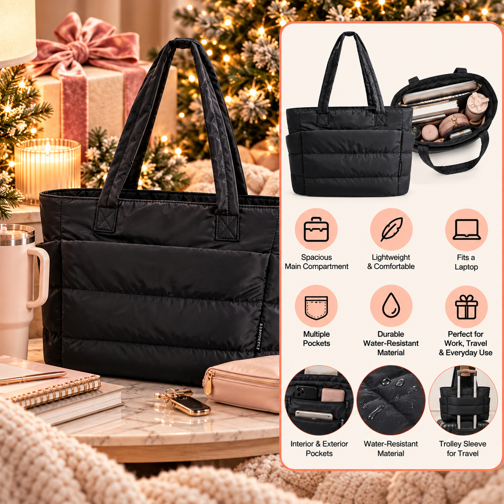 BAGSMART puffy tote bag for women with spacious compartments and pockets for work, travel and everyday use