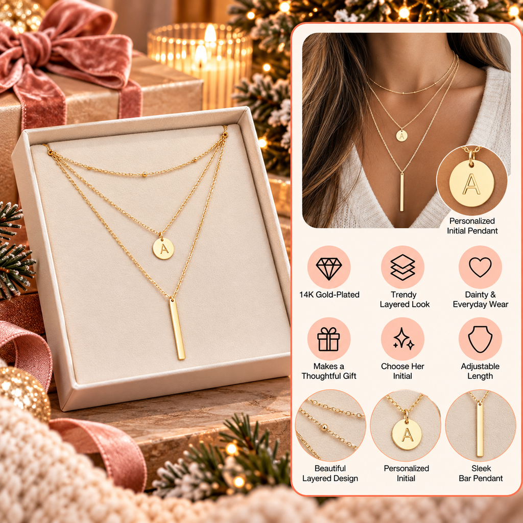 14K gold-plated layered initial necklace for women with personalized coin and bar pendants