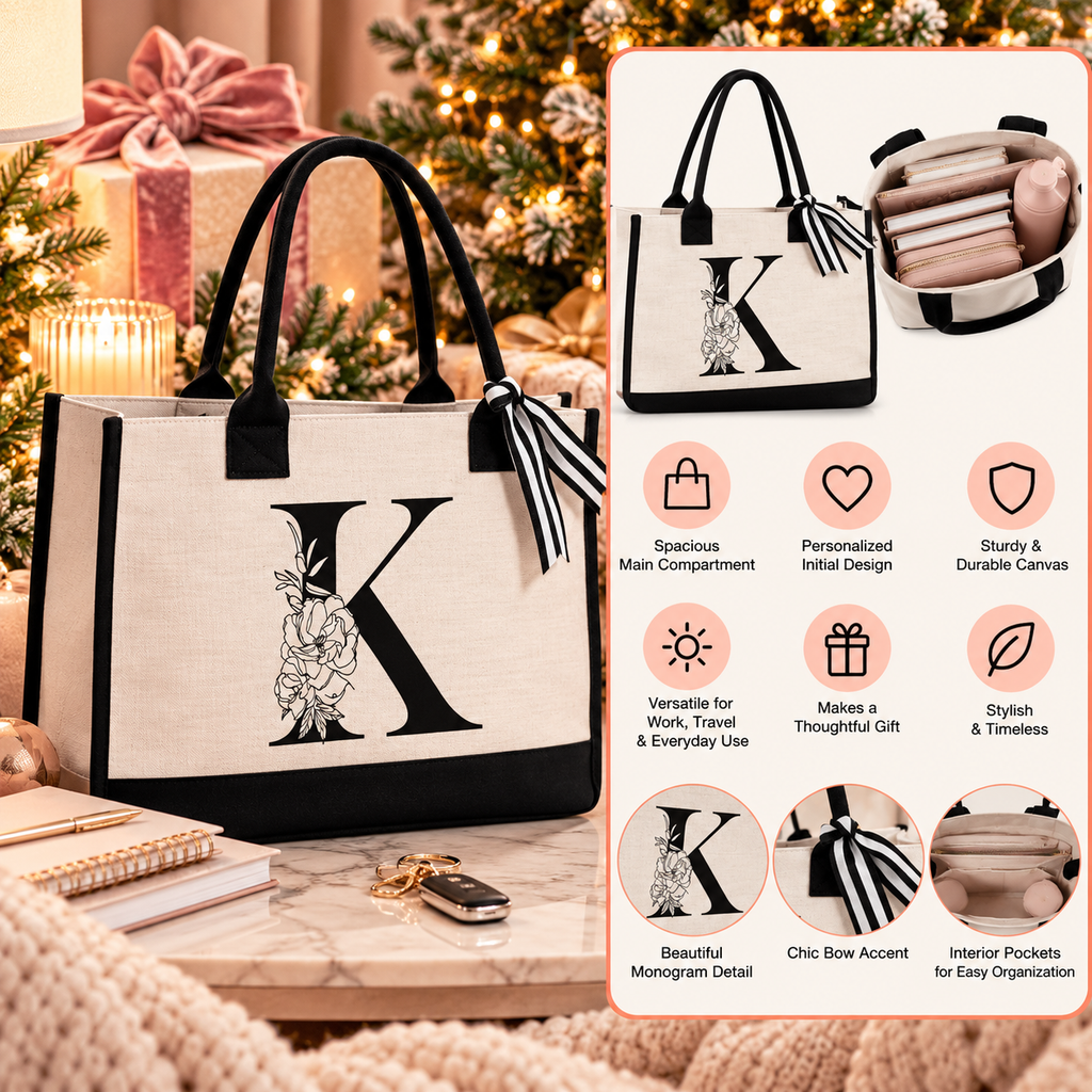 Monogrammed initial tote bag for women with floral letter design and black-and-white bow in a Christmas gift setting